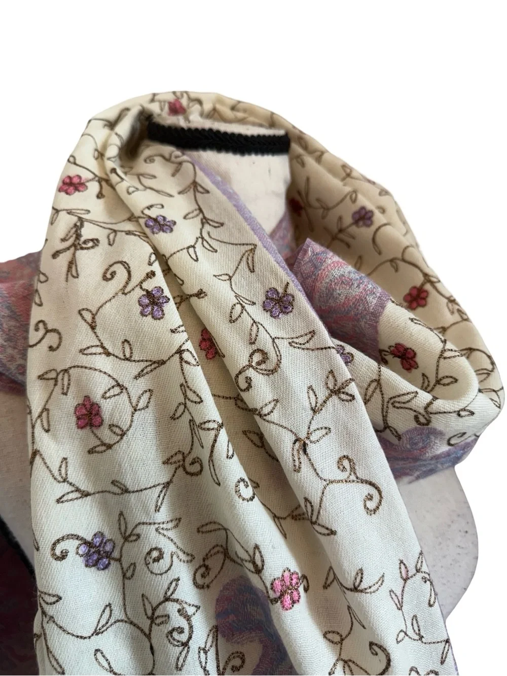 Abrol 100% Pure New Wool Shawl Pastel Paisley Floral Gold Thread Fringe Wrap